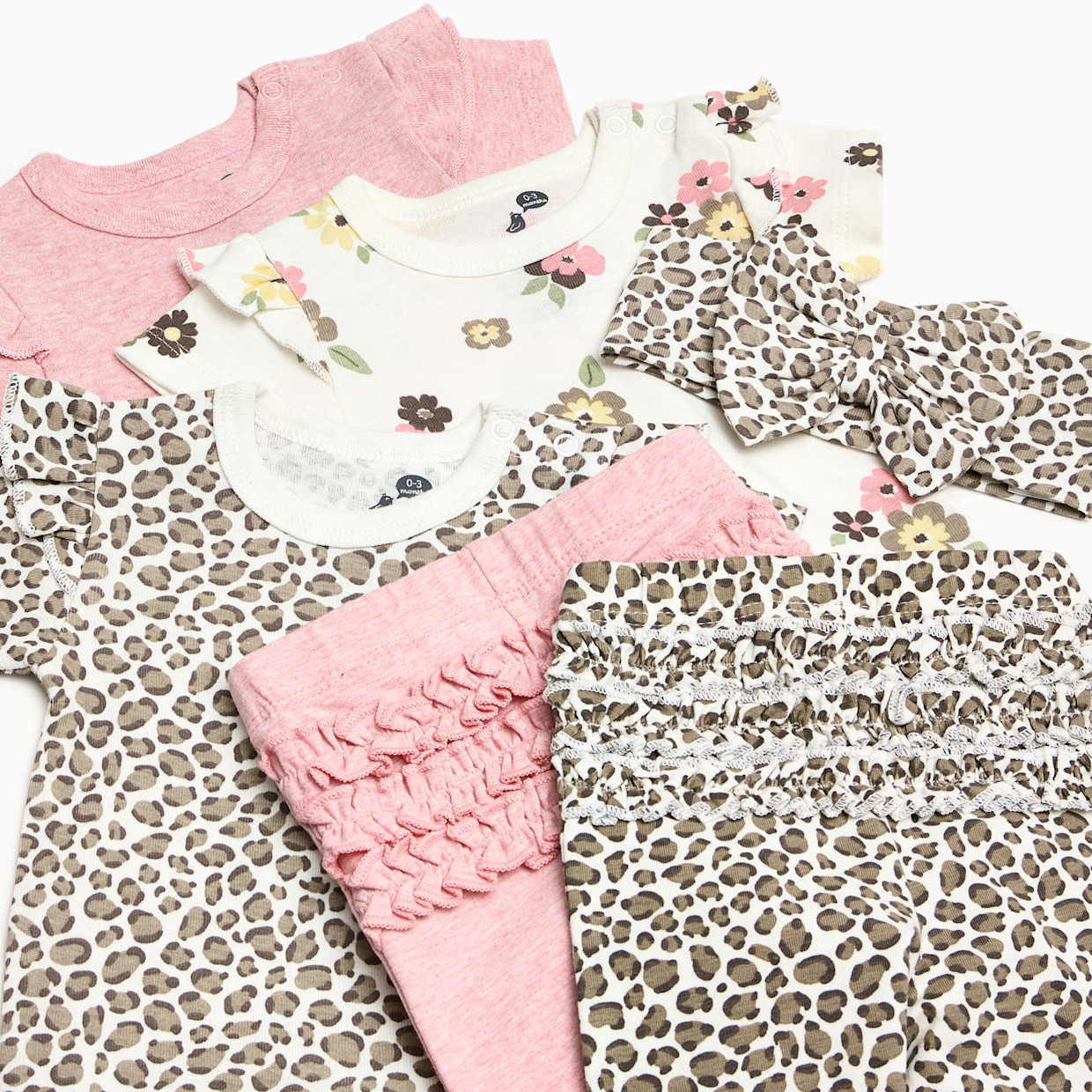 Small Story Organic Cotton Ruffle Bodysuit, Pant & Headband 6-Piece Set - Leopard, Floral & Pink, 3-6 M.