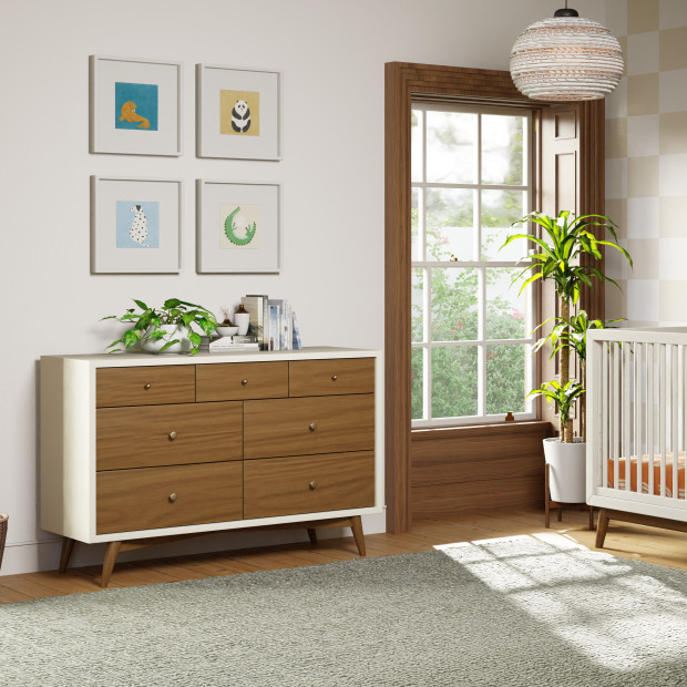babyletto Palma 7-Drawer Double Dresser - Warm White With Natural Walnut.
