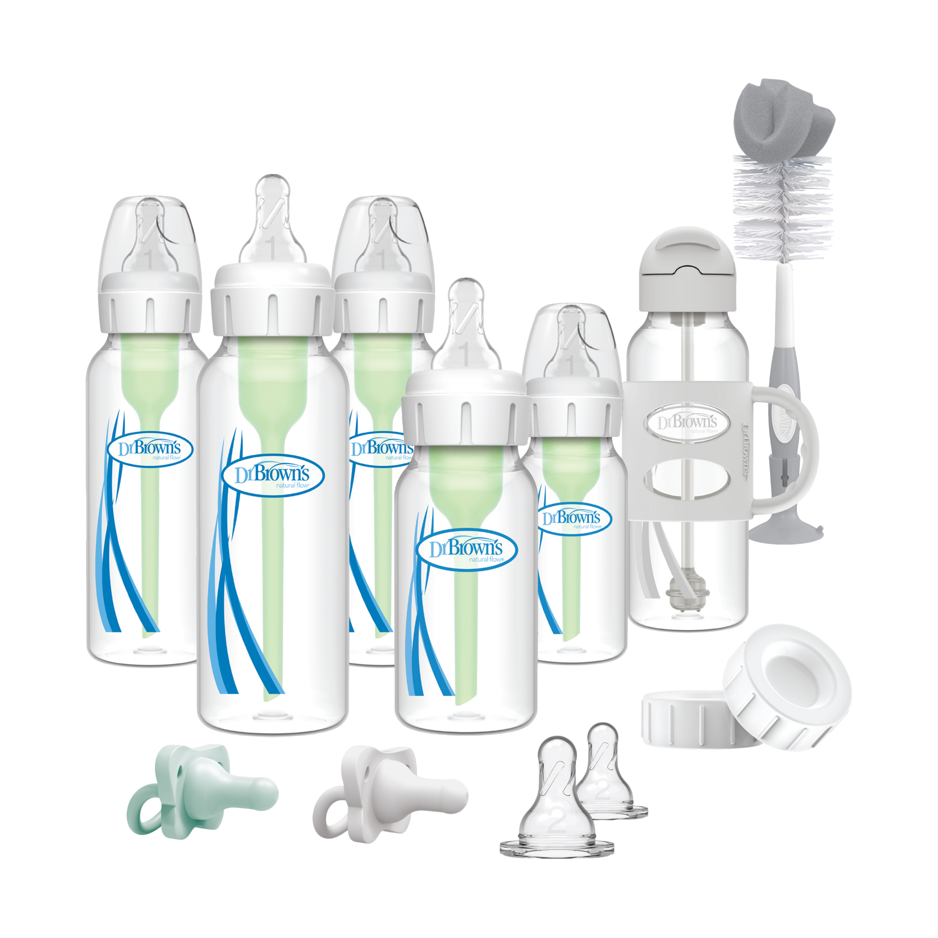 Dr. Brown's Anti-Colic Options+ Narrow Bottle Gift Set with Sippy Straw Bottle, HappyPaci Silicone Pacifiers, Storage/Travel Caps, and Bottle Brush, Green/Gray