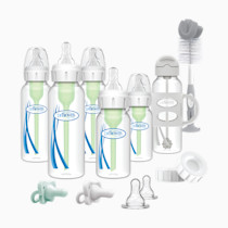 Dr. Brown's Anti-Colic Options+ Narrow Bottle Gift Set with Sippy Straw Bottle, HappyPaci Silicone Pacifiers, Storage/Travel Caps, and Bottle Brush, Green/Gray