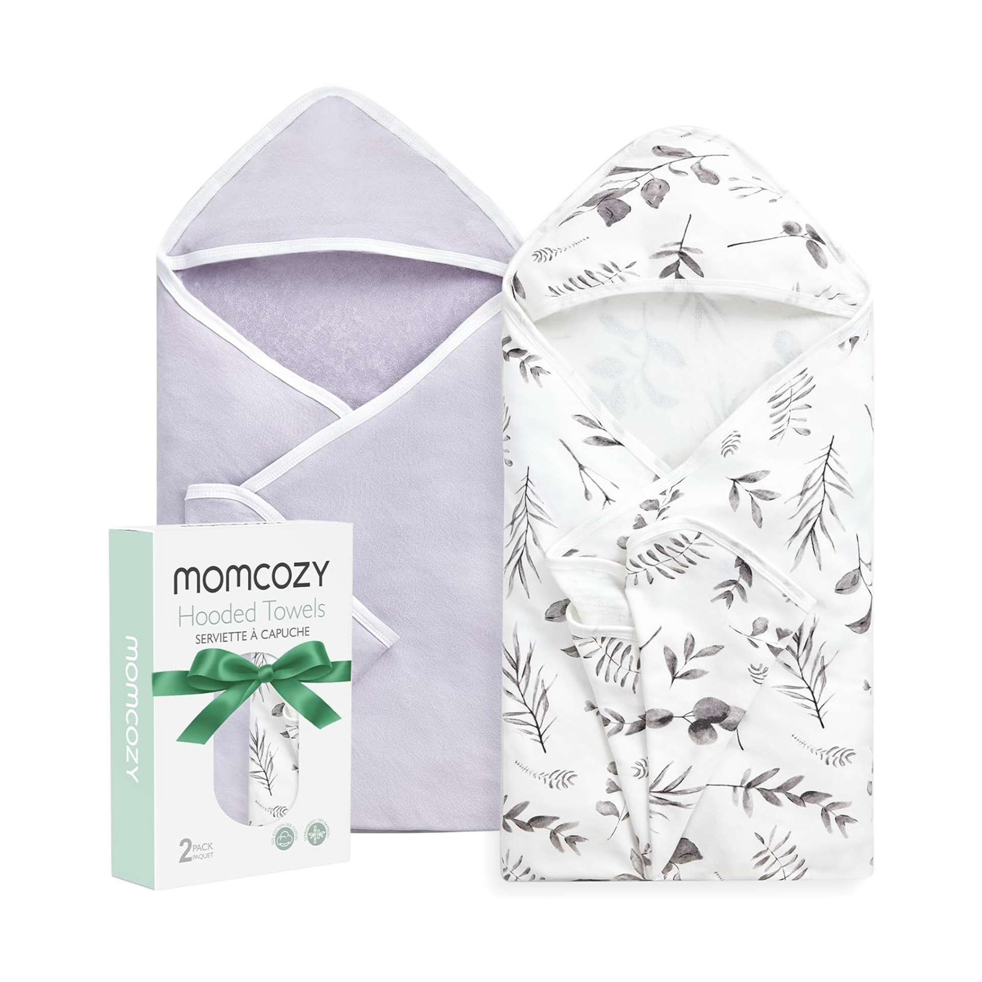 Momcozy Baby Hooded Towel-Made from Cotton, Suitable for Newborn Shower Gifts, 2 Count (Pack of 1), 28 X 28 Inch, Ink Wash Leaves