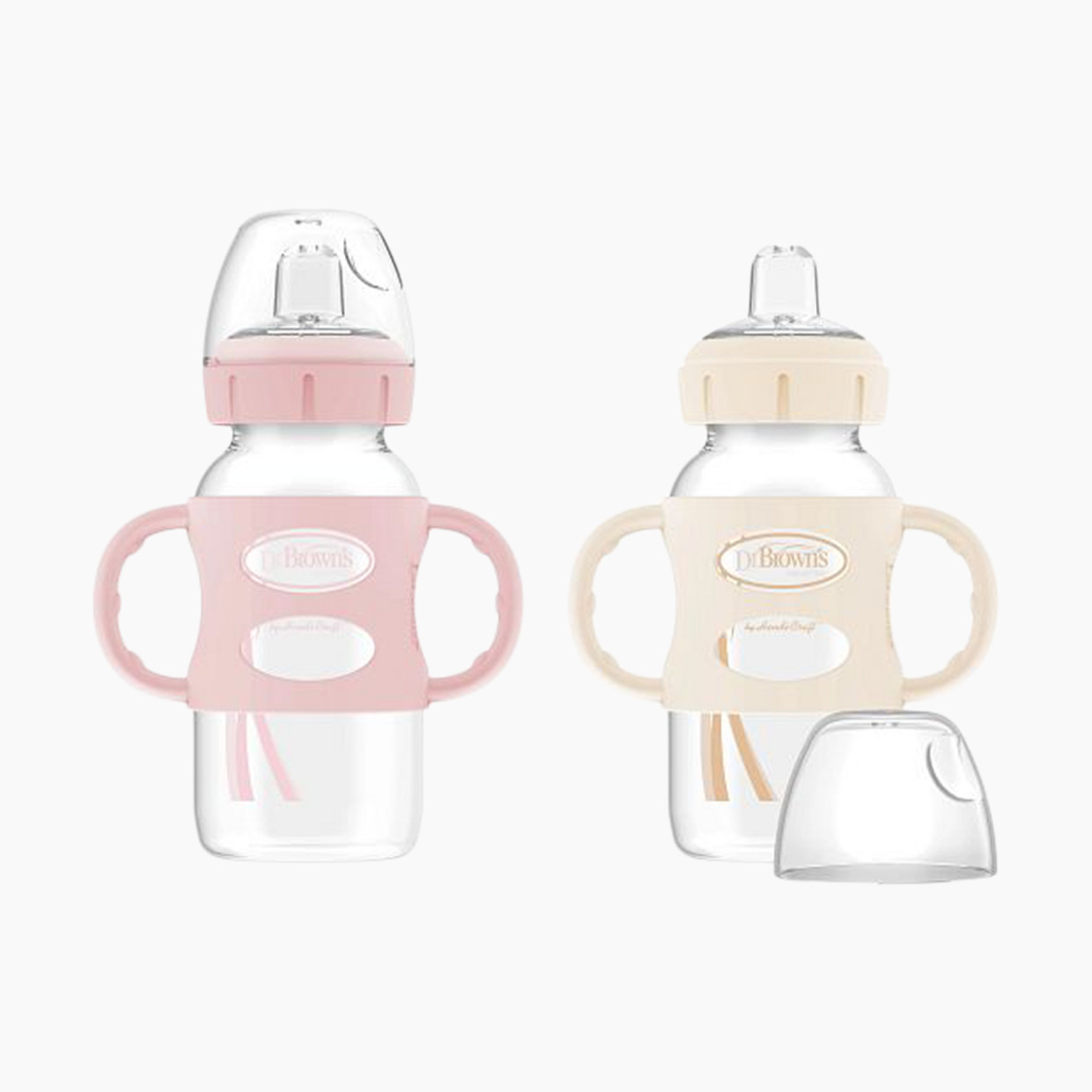 Dr. Brown's Wide-Neck SIPPY SPOUT Bottles w/ Silicone Handles (2-Pack) - Lt Pink & Ecru, 9 Oz, 2.