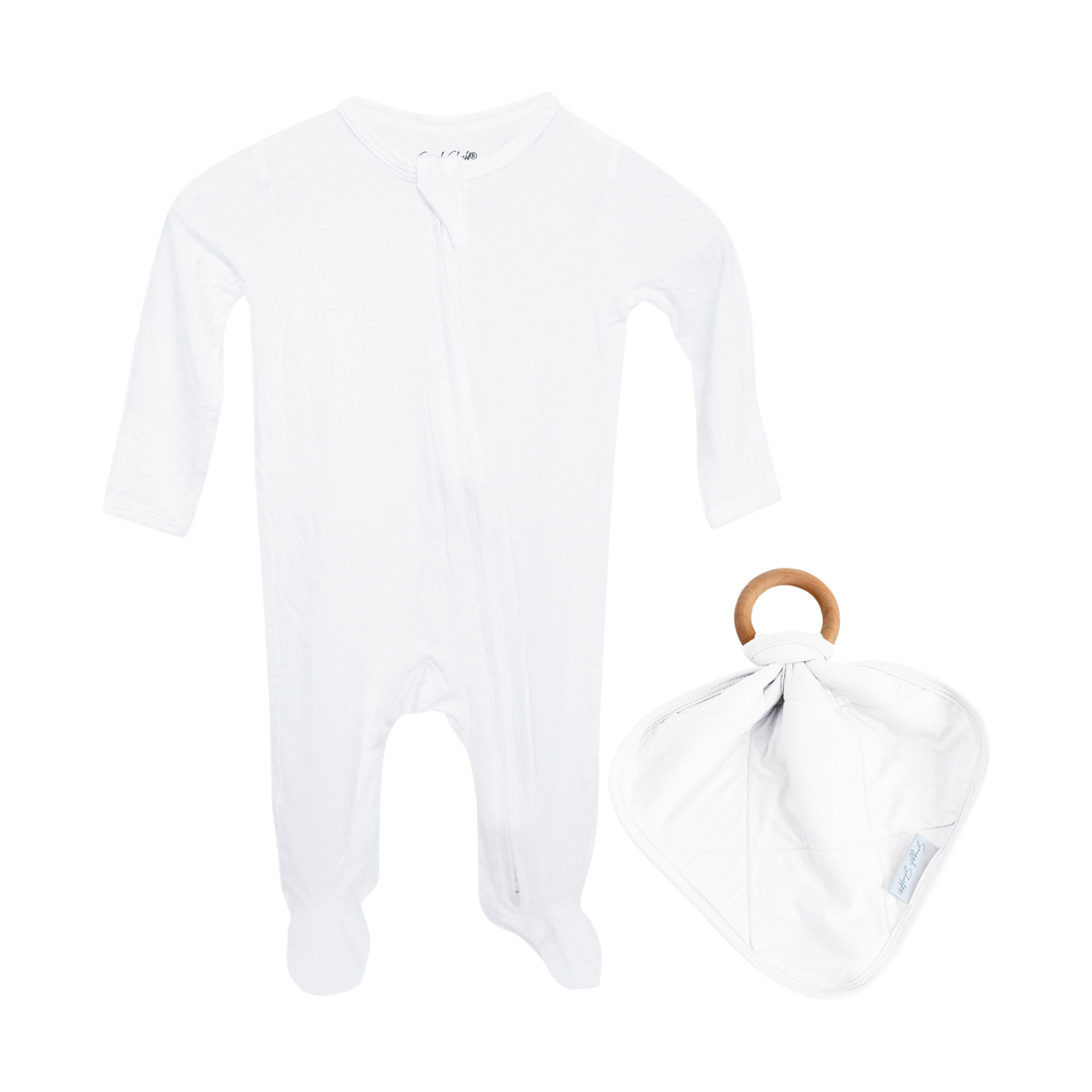 Snuggle Shield LUXE Bamboo Footed Sleeper and Lovey Teether Set - White, 0-3 M.