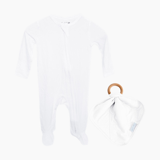 Snuggle Shield LUXE Bamboo Footed Sleeper and Lovey Teether Set - White, 0-3 M.