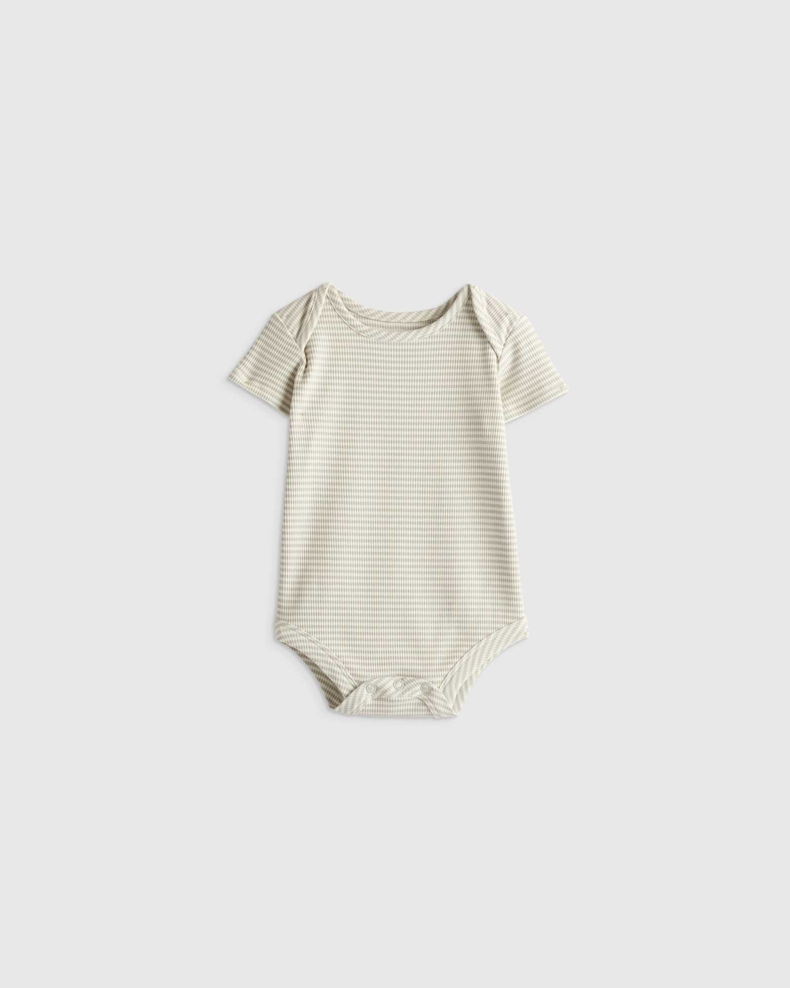 Quince Softest Rib Short Sleeve Bodysuit  in Grey Stripe.