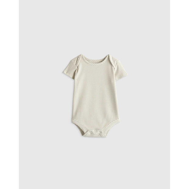 Quince Softest Rib Short Sleeve Bodysuit in Grey Stripe.