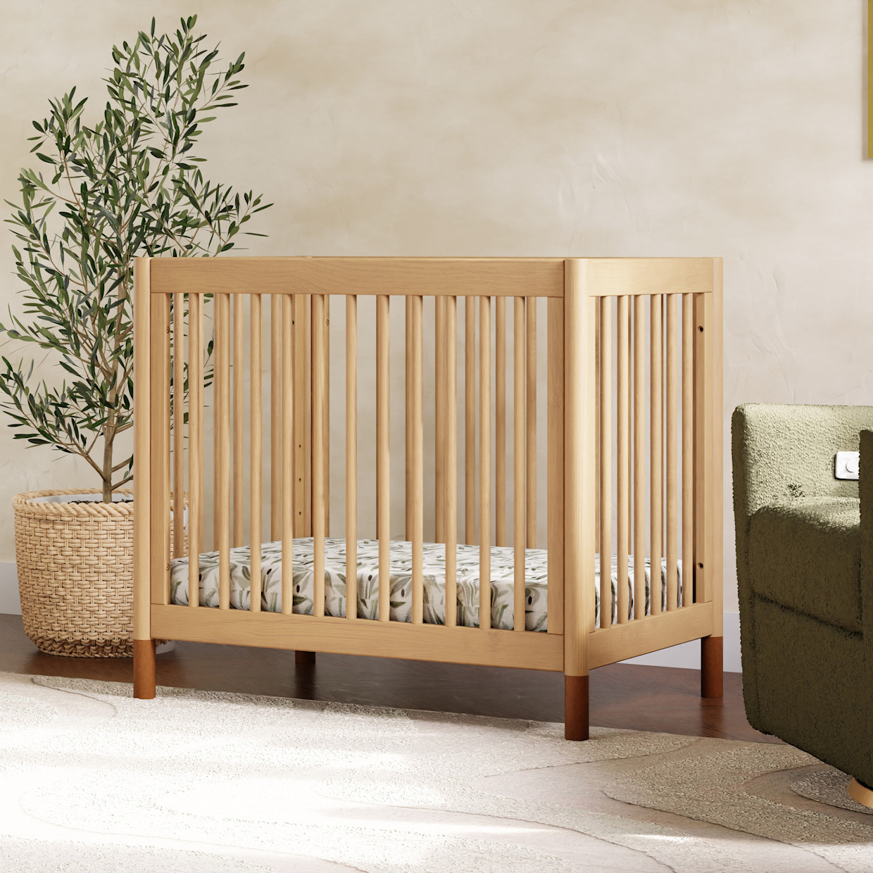 babyletto Gelato 4-in-1 Convertible Mini Crib - Honey With Vegan Tan Leather Feet.