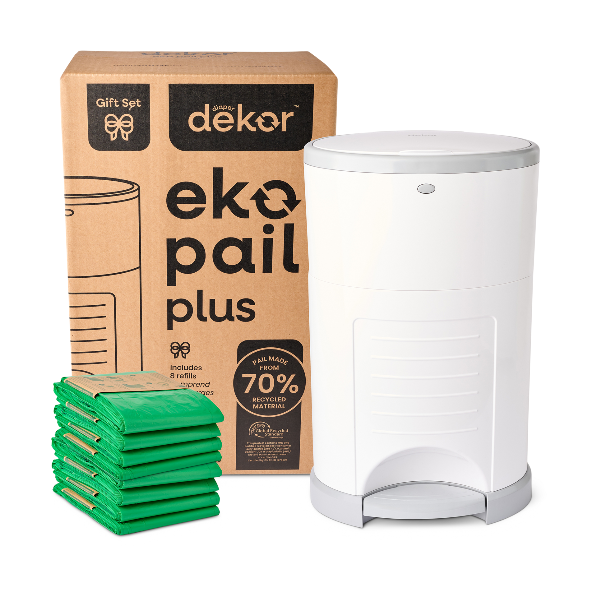 Diaper Dekor Plus Hands-Free Diaper Pail Gift Set | Just Step–Drop–Done | Doesn’t Absorb Odors | Includes 1yr of Refills | Great for Cloth Diapers | 70% Recycled Materials | EKO White