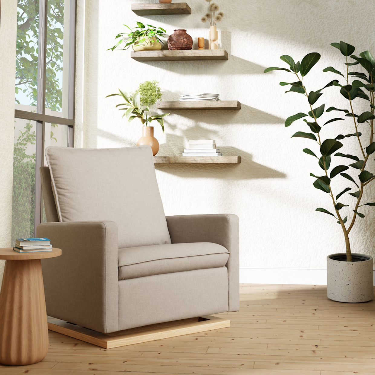 babyletto Cali Pillowback Chair and a Half Glider - Performance Beach Eco-Weave With Light Wood Base.