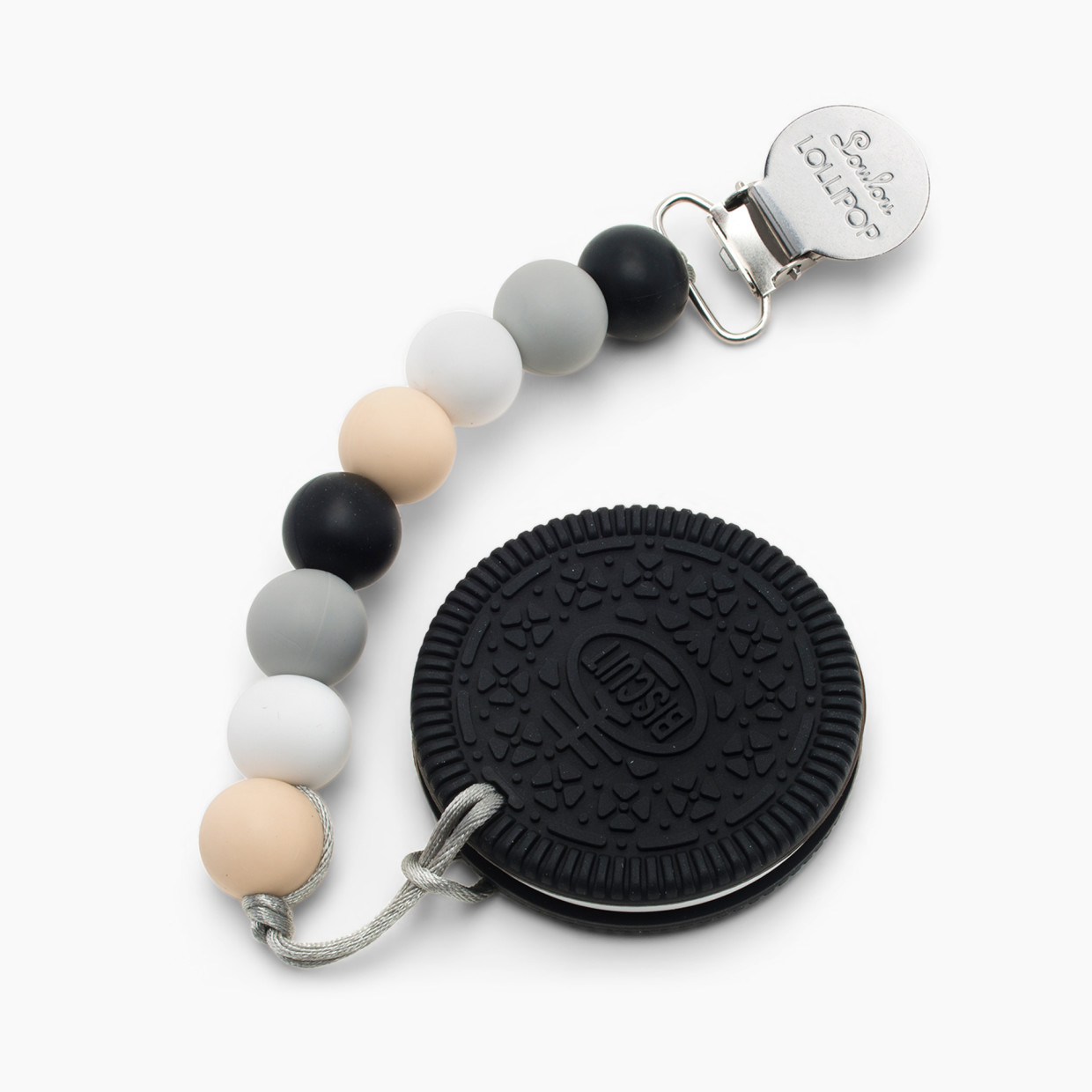 Loulou Lollipop Silicone Teether with Metal Clip - Chocolate Cookie (Black/Neutral).