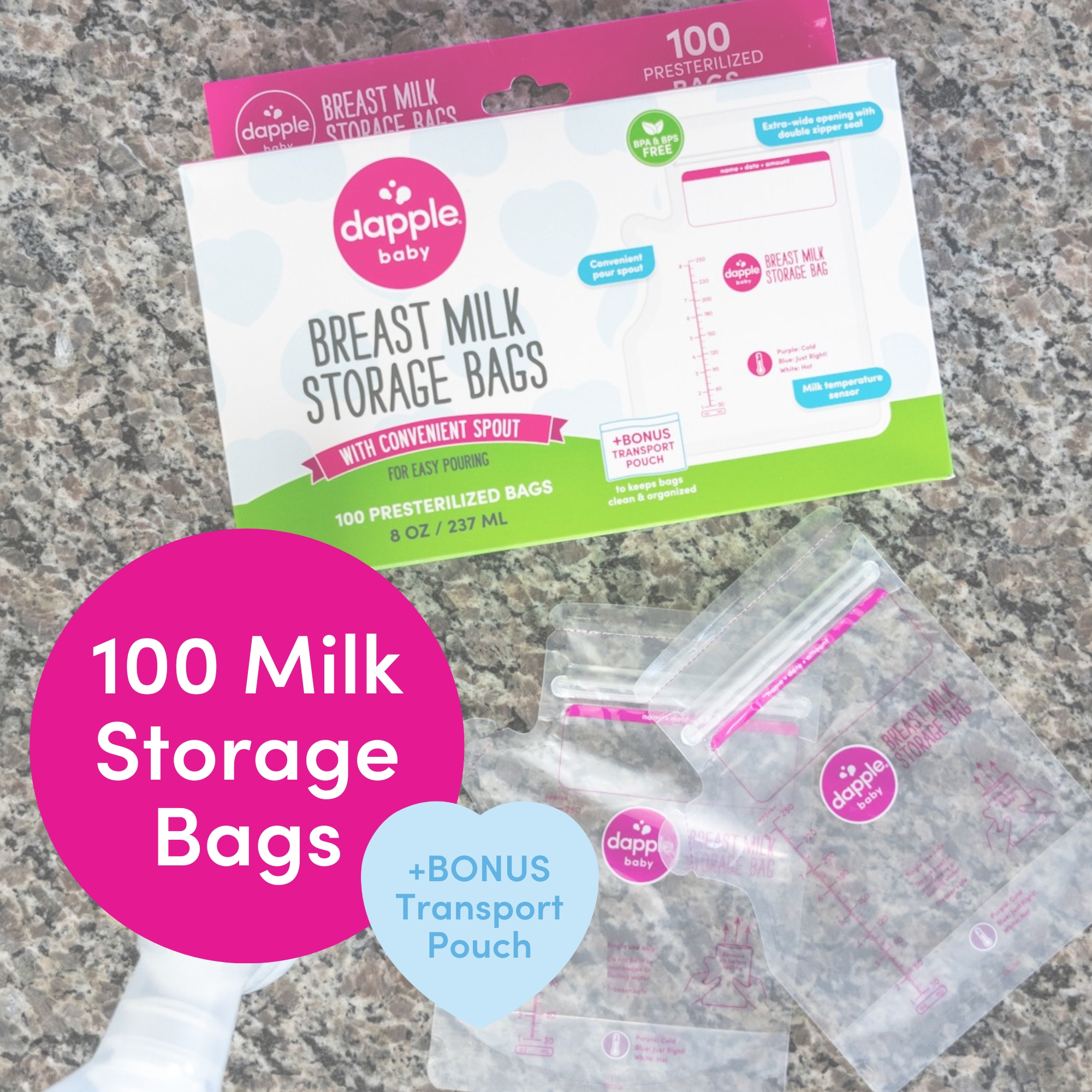 Dapple Temp-Sensing No-Leak Breast Milk Storage Bag with Easy Pour Spout - 100.