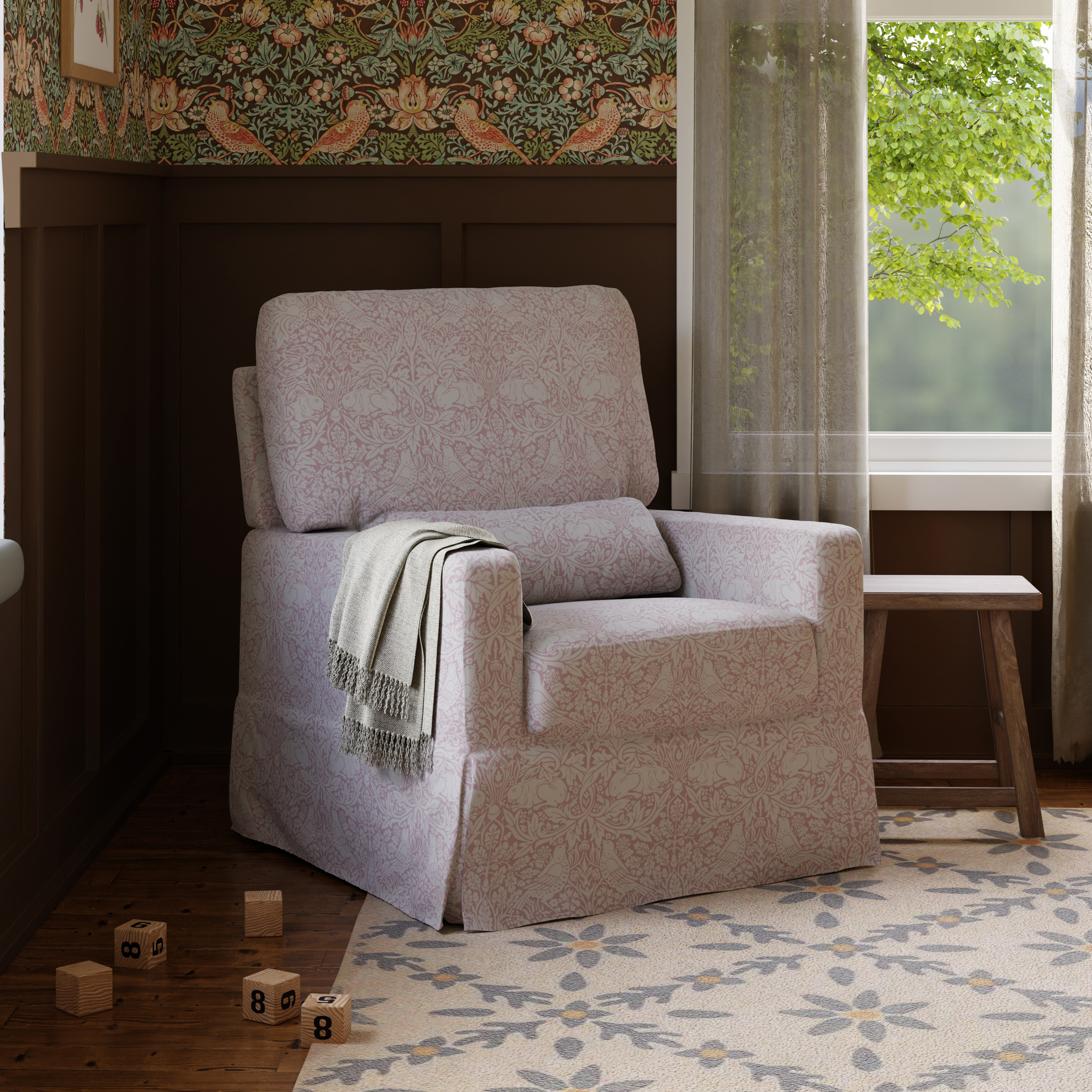 Namesake Morris & Co. x Namesake Crawford Pillowback Comfort Swivel Glider - Pure Brer Rabbit In Rose Performance Eco-Weave.