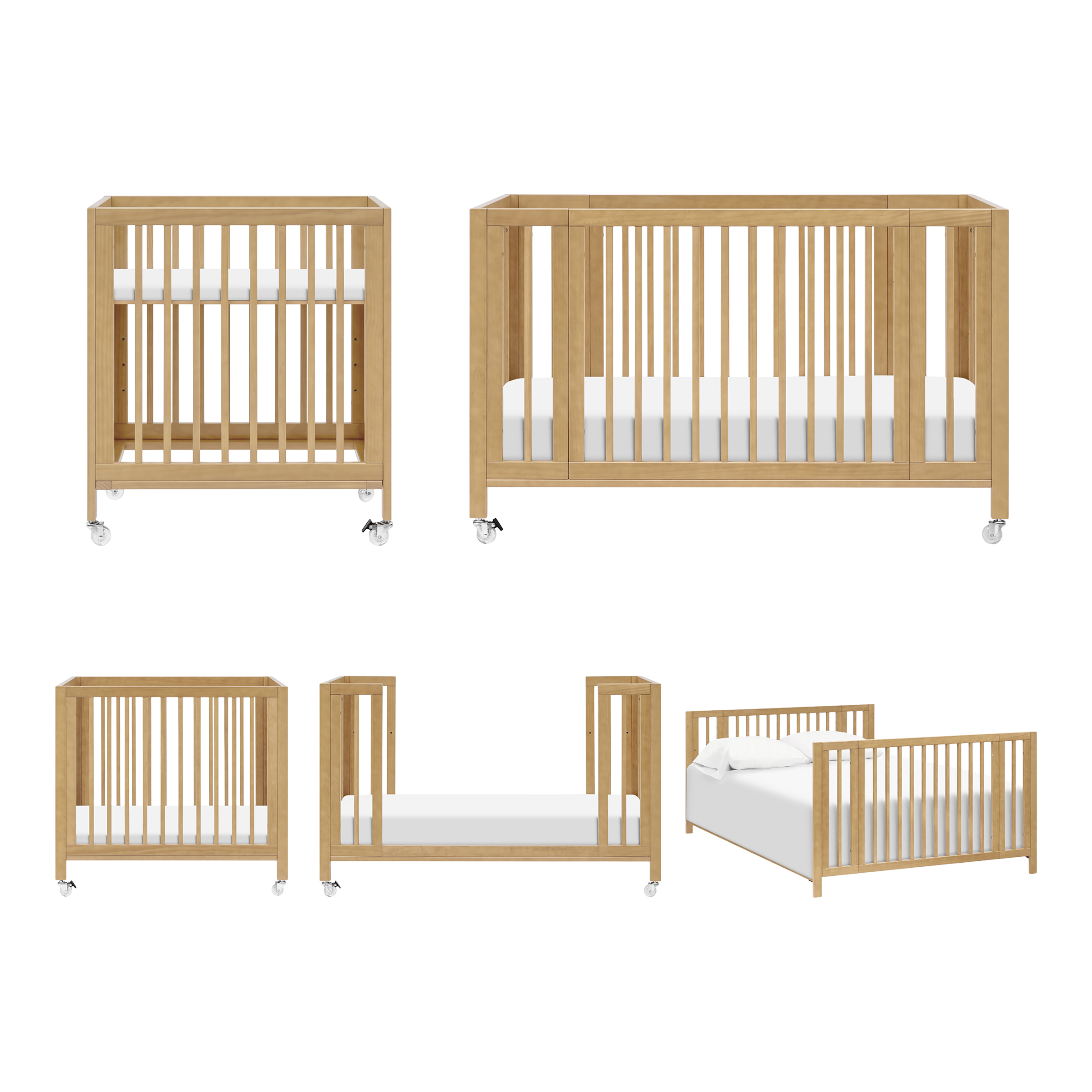babyletto Rolli 9-in-1 Convertible All-Stages Crib with Bassinet & Toddler Bed Conversion Kits - Honey.