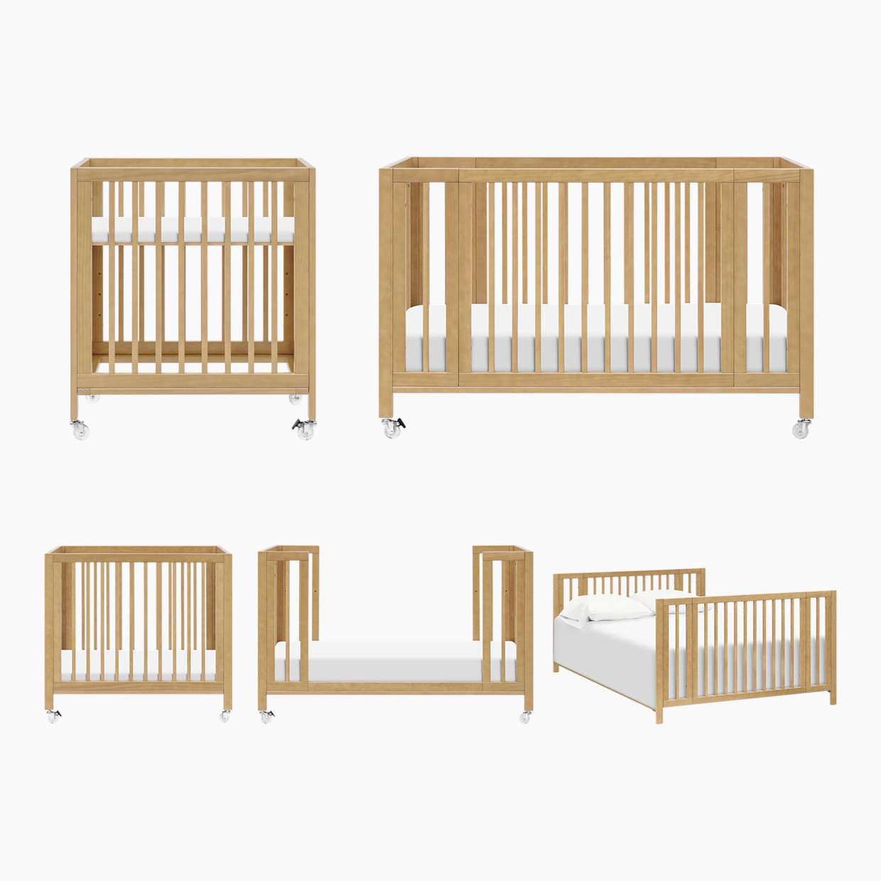 babyletto Rolli 9-in-1 Convertible All-Stages Crib with Bassinet & Toddler Bed Conversion Kits - Honey.