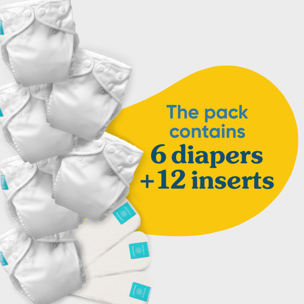 Charlie Banana One-size Reusable Cloth Diapers with 12 Reusable Inserts (6 Pack) - All White.