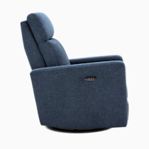 Side view of blue upholstered glider chair with footrest