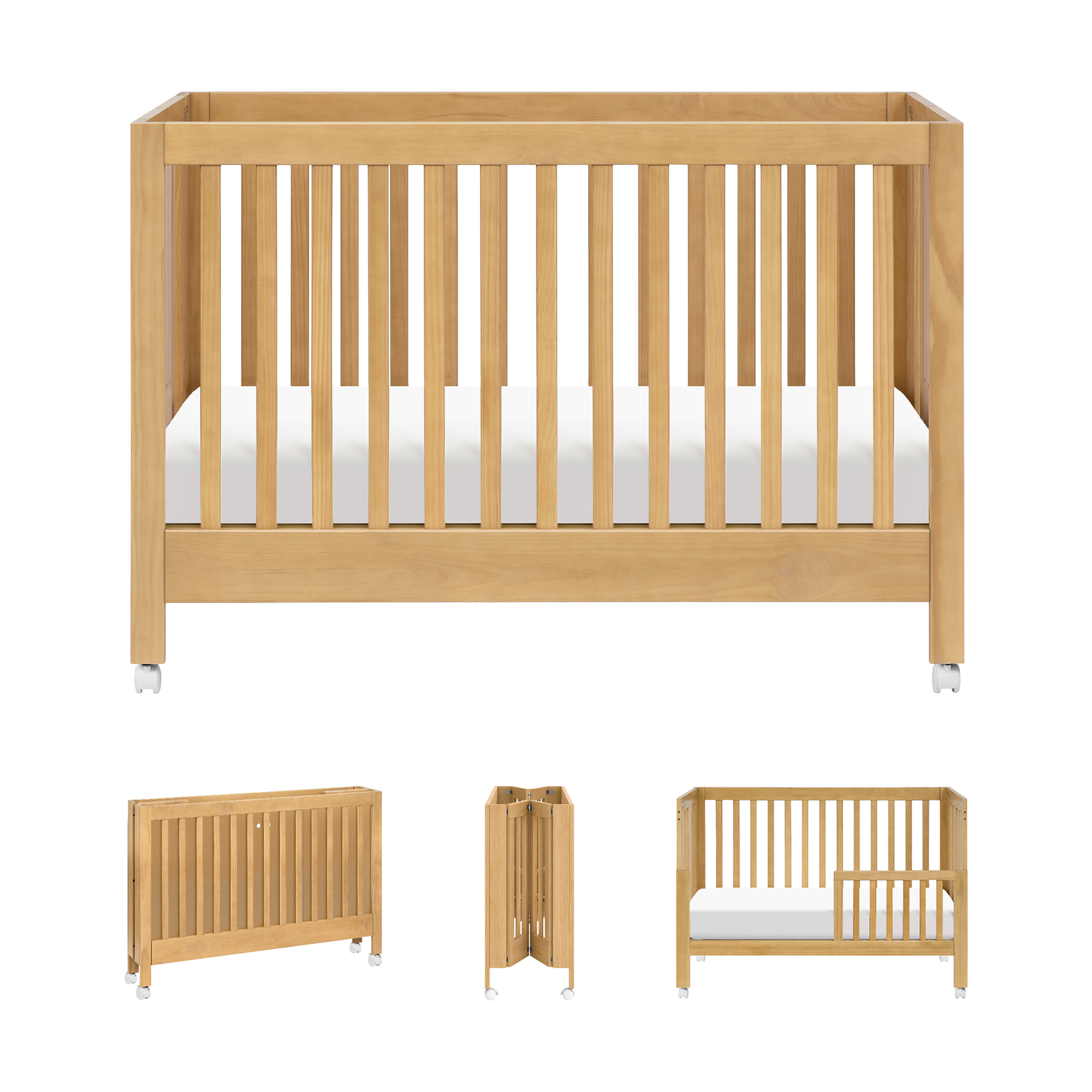 babyletto Maki Portable Folding Crib with Toddler Bed Conversion Kit - Honey.