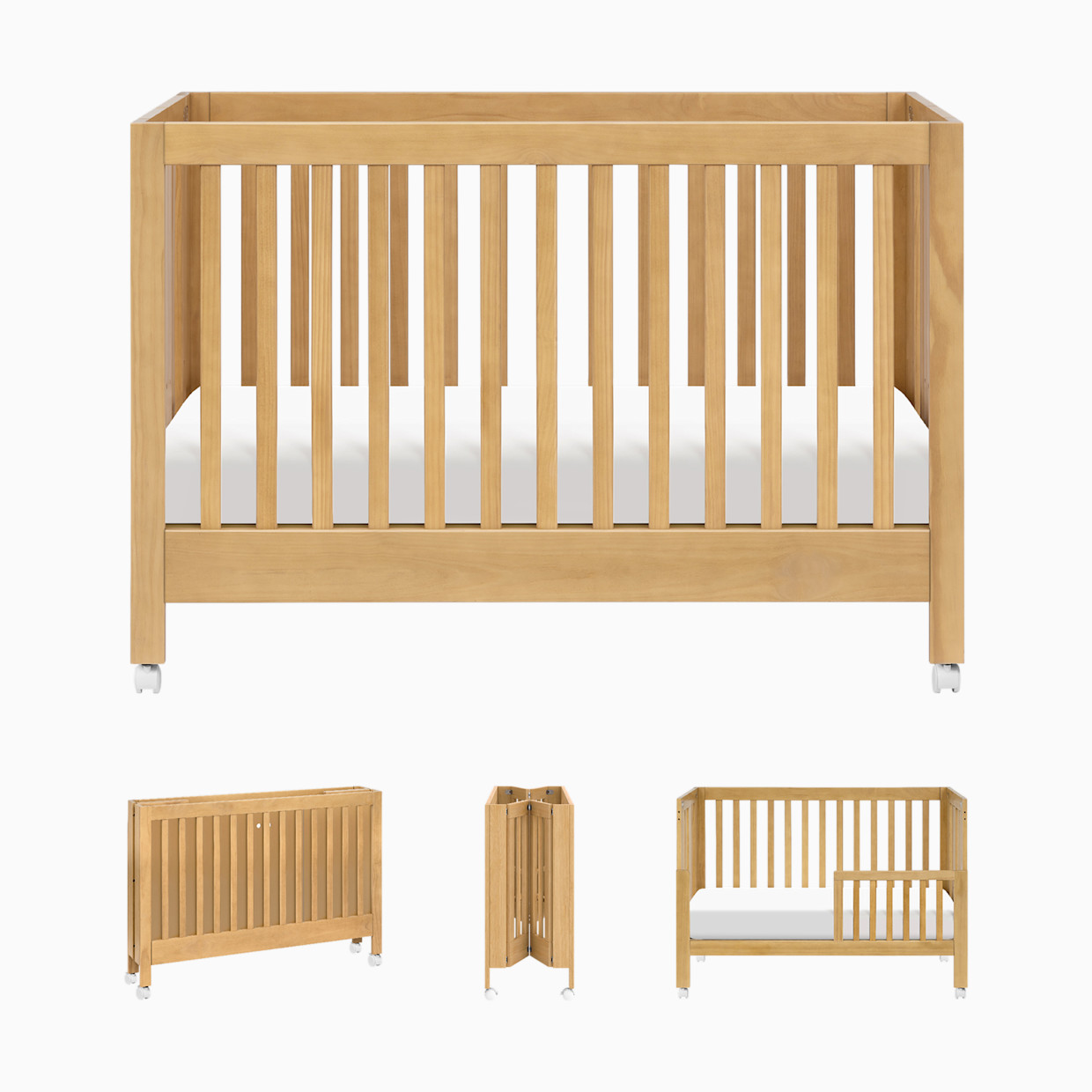 babyletto Maki Portable Folding Crib with Toddler Bed Conversion Kit - Honey.
