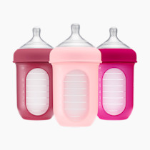 Boon Nursh Reusable Silicone Pouch Baby Bottles - Medium Flow Nipple - Silicone Baby Bottle Pouch and Nipple - Baby Feeding Essentials - Pink - 3-6 Months - 3 Count - 8 Ounce