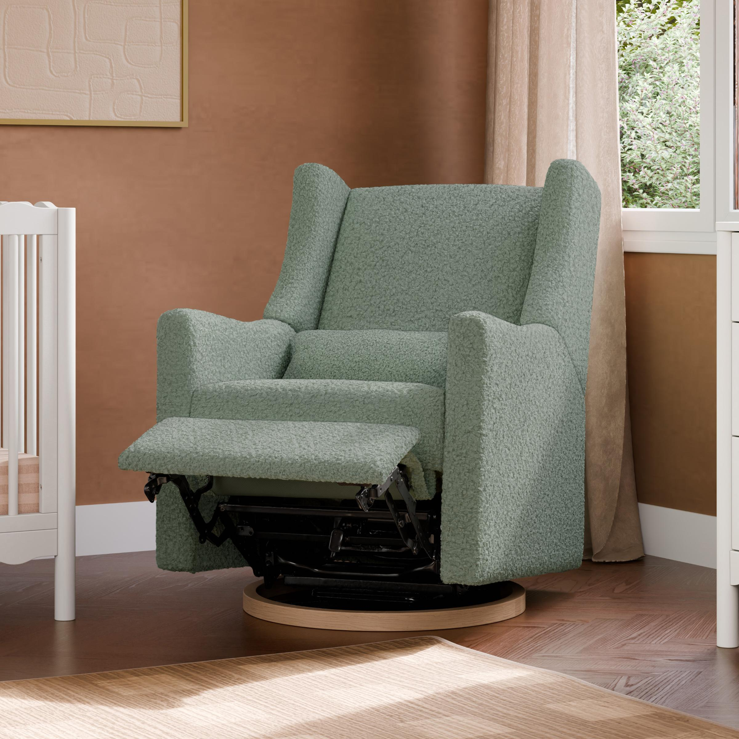 babyletto Kiwi Electronic Recliner and Swivel Glider - Sage Teddy Loop With Light Wood Base.