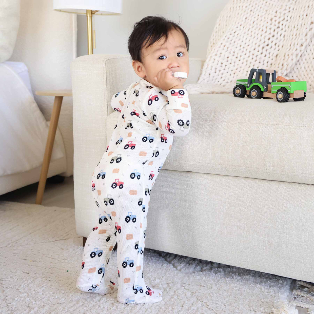 Caden Lane Bamboo Waffle Zipper Footie - Little Farmer, 0-3 M.