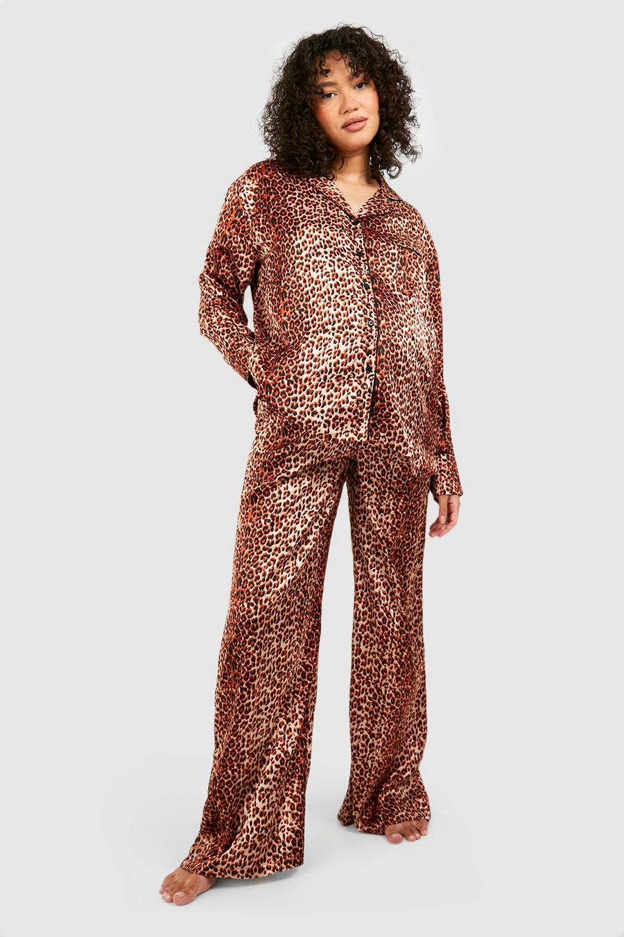 Boohoo Maternity Oversized Satin Leopard Pajama Set.