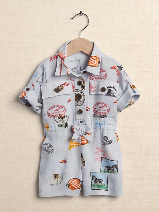 Baby Linen Safari Romper in Stamp Print - $85.00.
