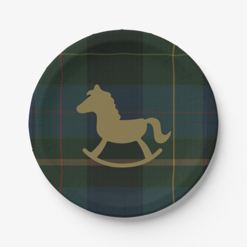 Classic Dark Green Plaid Equestrian Baby Shower Paper Plates.