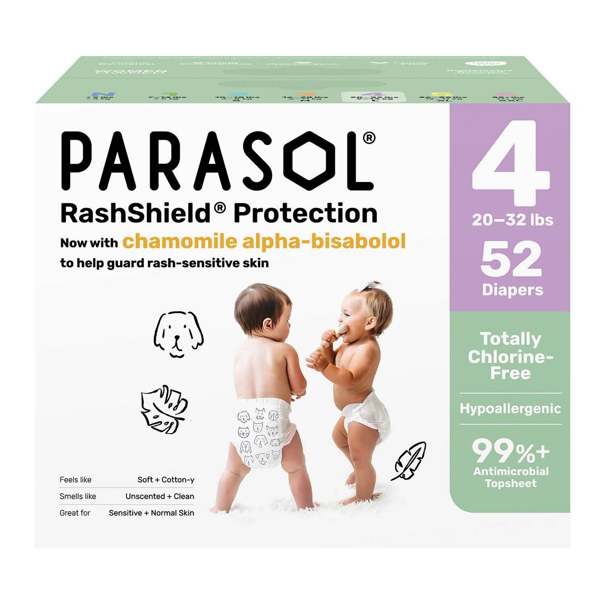 Chlorine-Free Diapers with RashShield Protection.