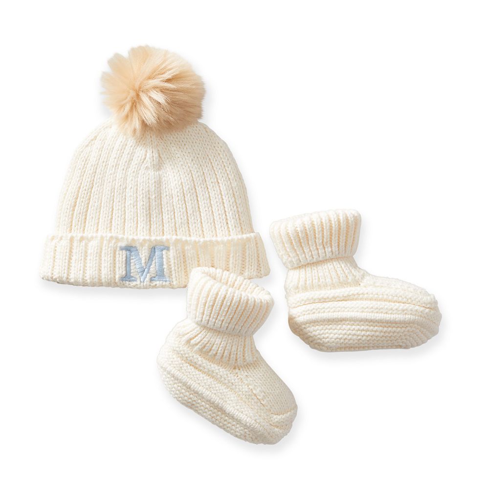 Cotton Cashmere Pom Pom Hat & Bootie Set.