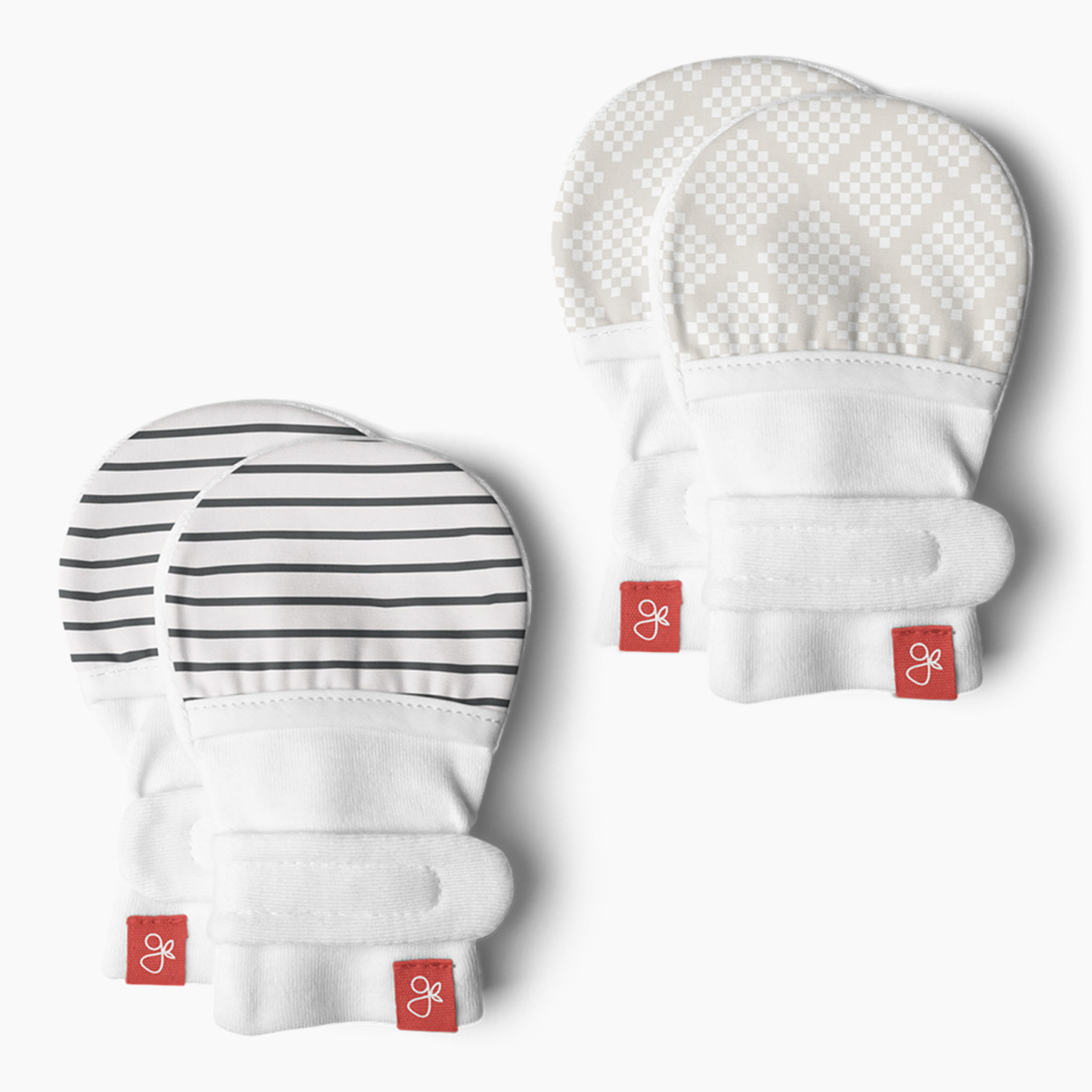 Goumi Kids Stay on Baby Mitts (2 Pack) - Stripe Gray + Diamond Dots Cream, 0-3 Months.