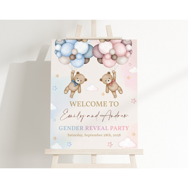 PartyPartyDesignShop Teddy Bear Gender Reveal Welcome Sign.