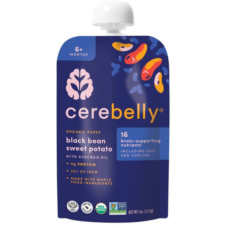Cerebelly Organic Baby Food Single Pouch Baby Meal - Black Bean Sweet Potato with Avocado and Tomato - 4oz.