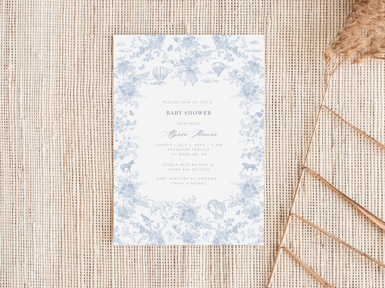 House of Paper Blooms Toile de Jouy Baby Shower Invitation.