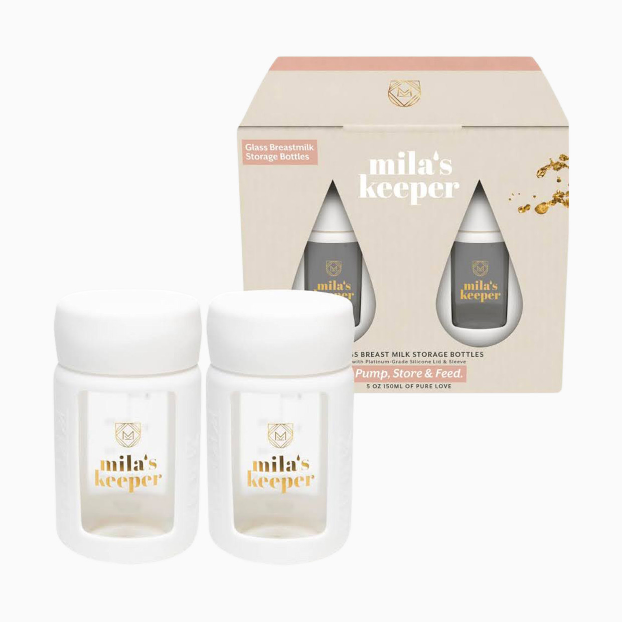 Mila's Keeper Glass Breast Milk Storage Bottles, 2 Pack - Aspen White, Wide, 2.