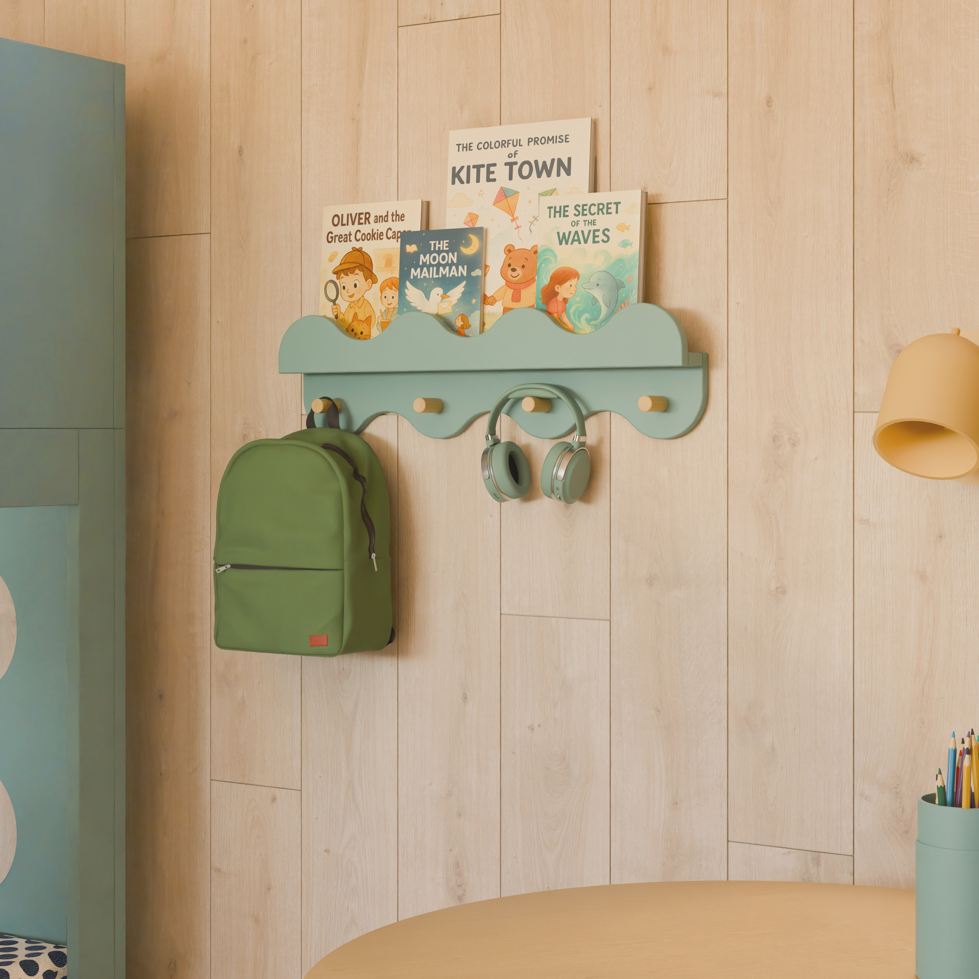 babyletto Lido Wave Bookshelf with Hooks - Light Sage/Honey.