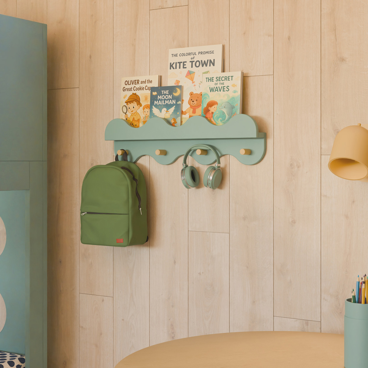 babyletto Lido Wave Bookshelf with Hooks - Light Sage/Honey.