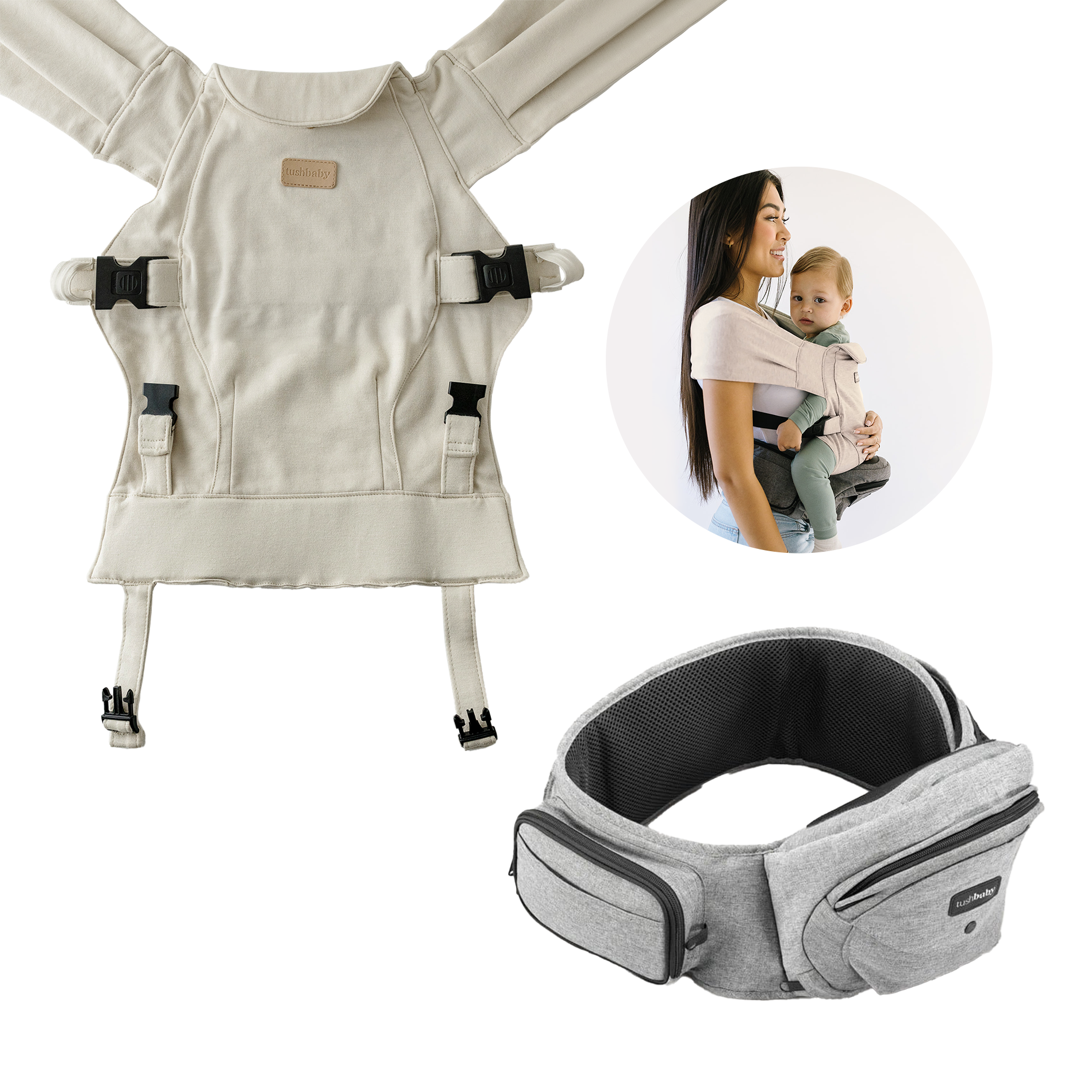 Tushbaby Hip Seat and Snug Carrier 2-in-1 Bundle - Grey, Cream Snug Carrier.
