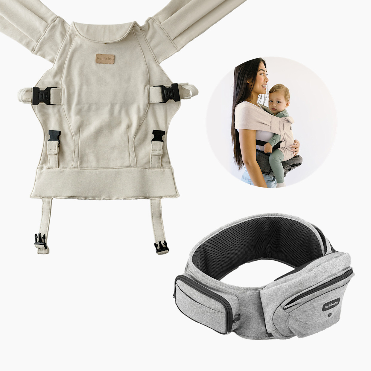 Tushbaby Hip Seat and Snug Carrier 2-in-1 Bundle - Grey, Cream Snug Carrier.