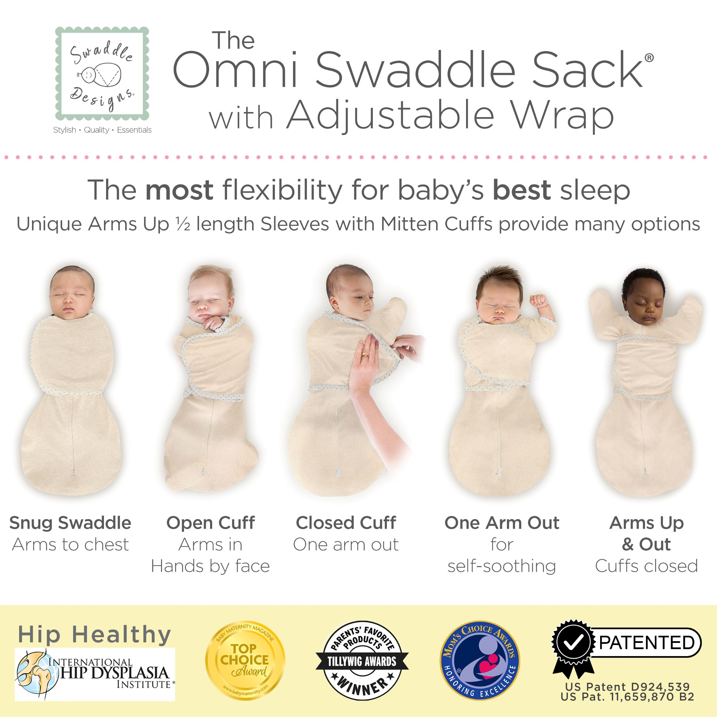 SwaddleDesigns Omni Swaddle Sack with Arms Up Half-Length Sleeves and Mitten Cuffs.