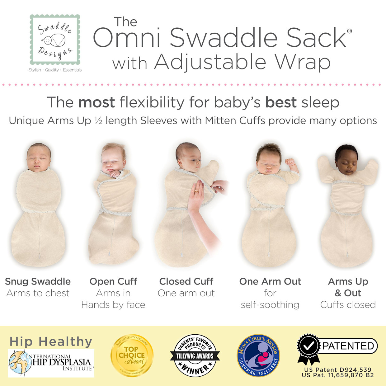 SwaddleDesigns Omni Swaddle Sack with Arms Up Half-Length Sleeves and Mitten Cuffs - Heathered Oatmeal, Small 6-14 Lbs (0-3 Months).