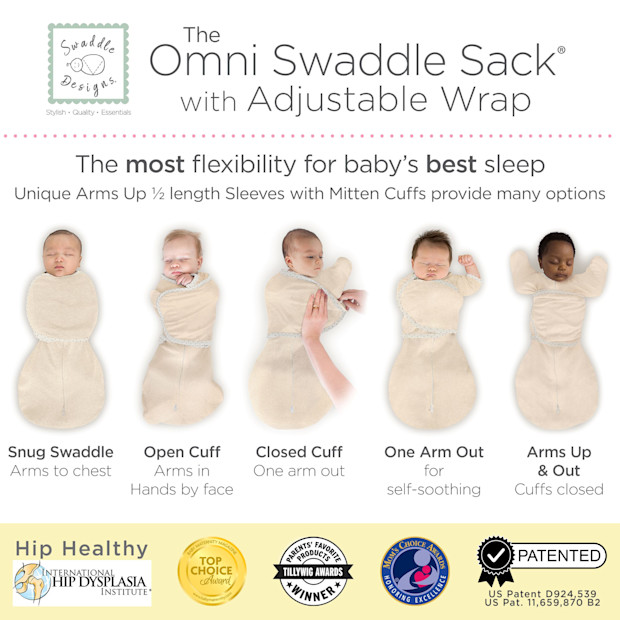 SwaddleDesigns Omni Swaddle Sack with Arms Up Half-Length Sleeves and Mitten Cuffs.