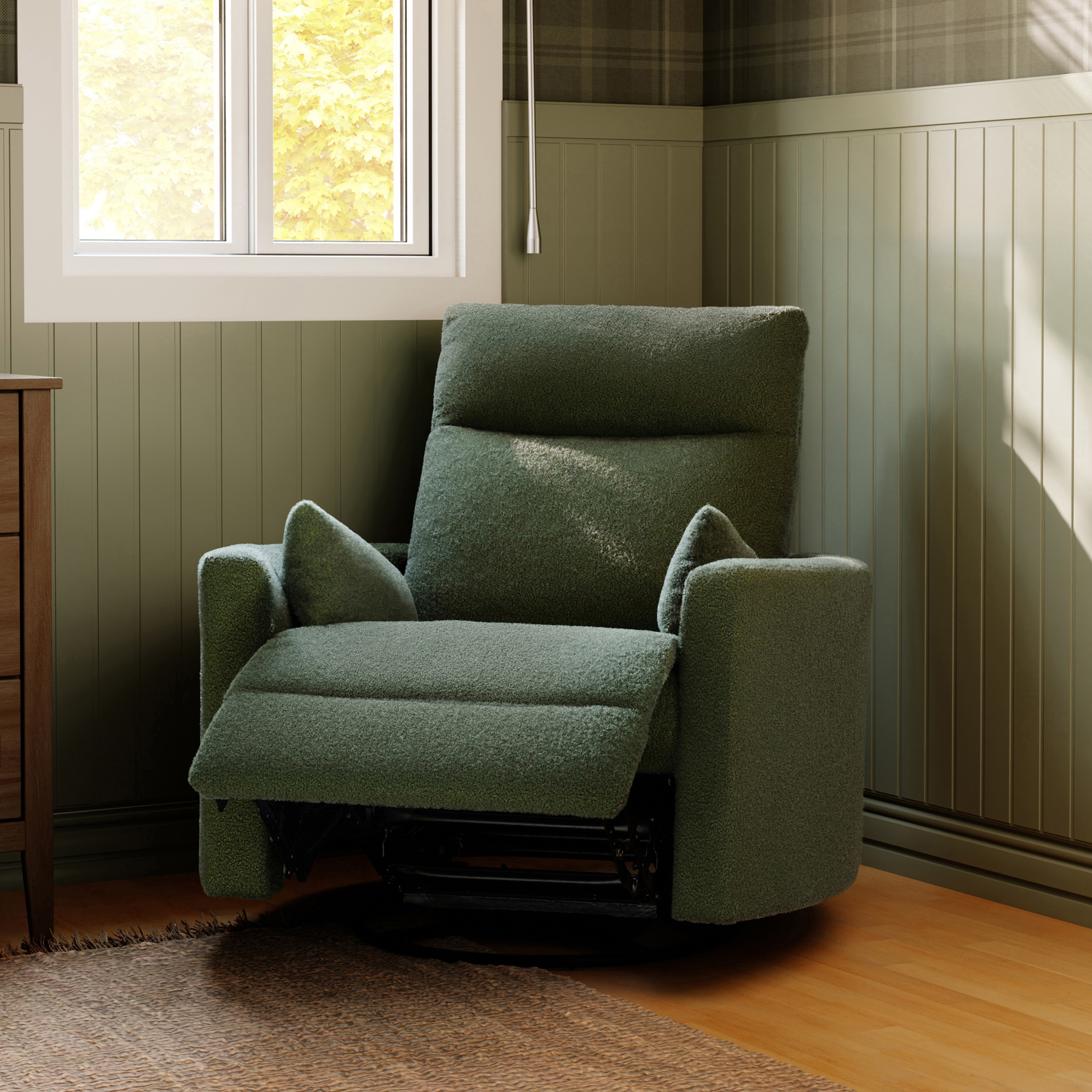 daVinci Atlas Manual Swivel Recliner - Cozy Olive Boucle.