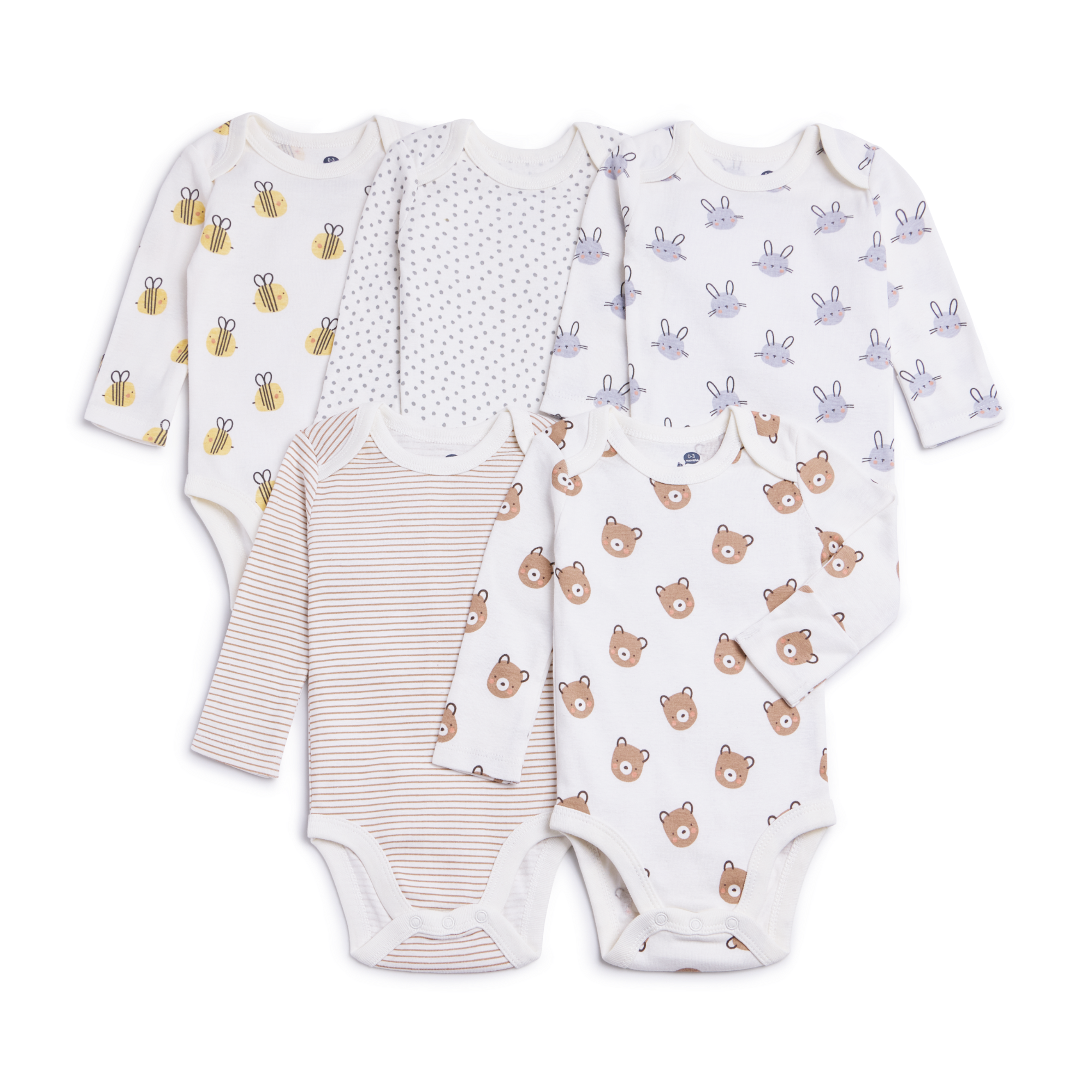 Small Story 5 Pack Printed Long Sleeve Bodysuits - Baby Animals.