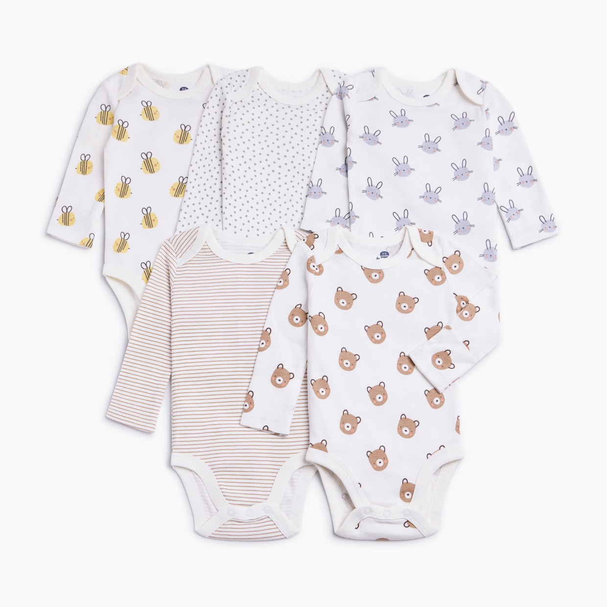 Small Story 5 Pack Printed Long Sleeve Bodysuits - Baby Animals, 0-3 M.