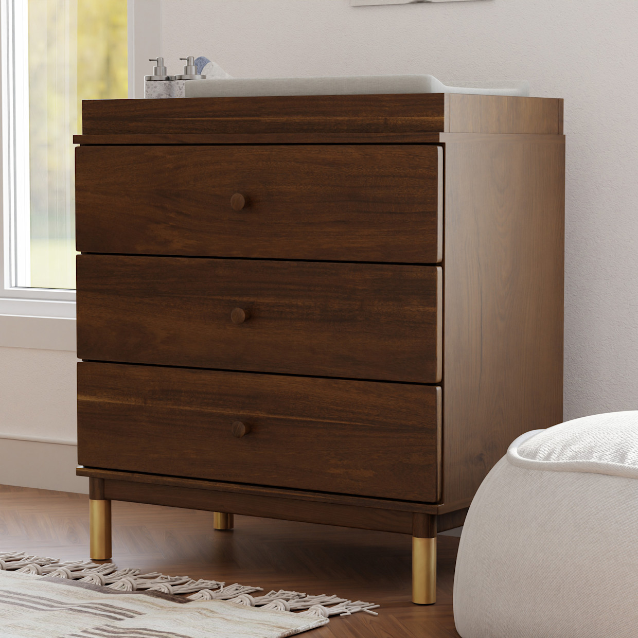 babyletto Gelato 3-Drawer Changer Dresser - Natural Walnut & Gold Feet.