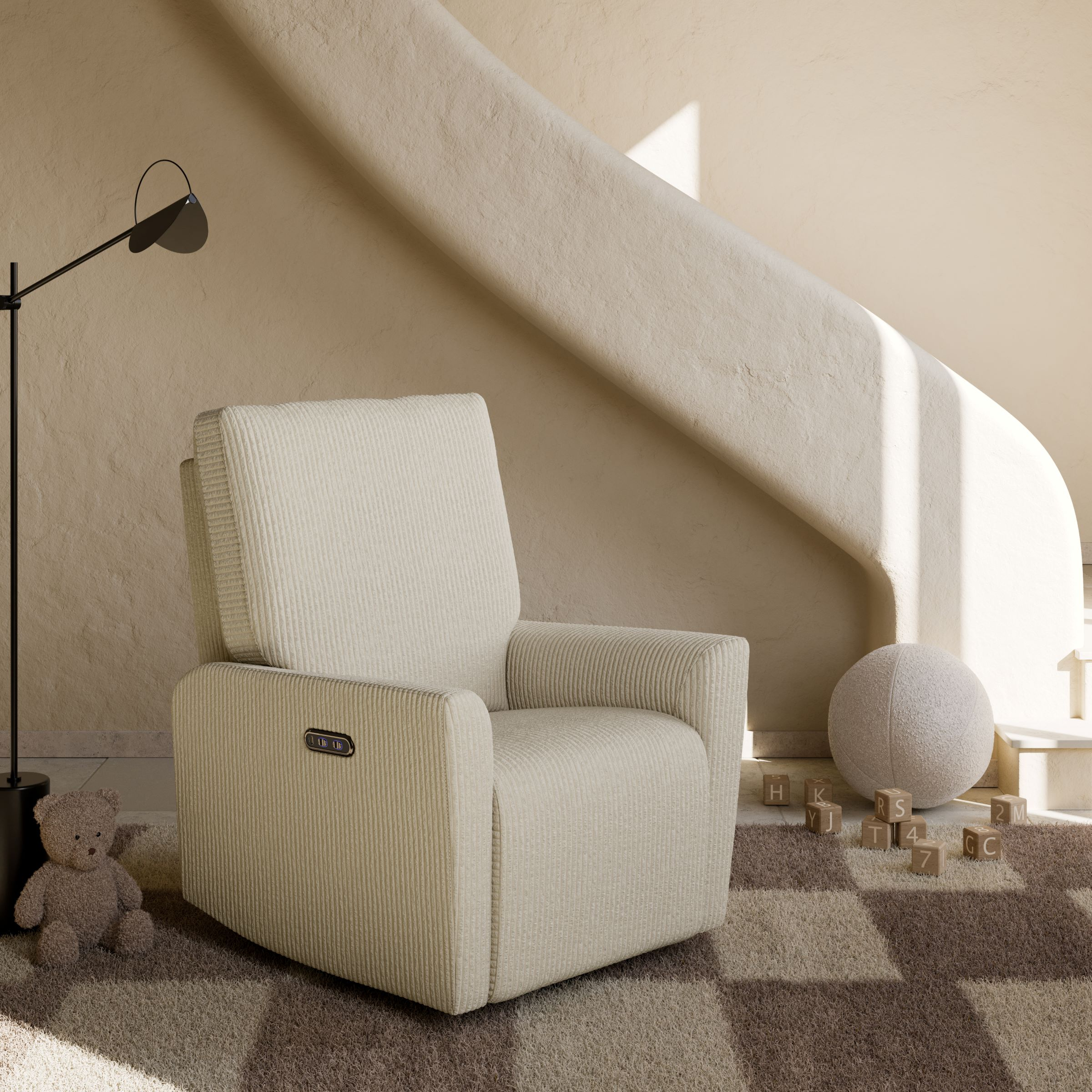 Storkcraft Santorini Deluxe Power Recliner Swivel Glider - Ivory Corduroy.