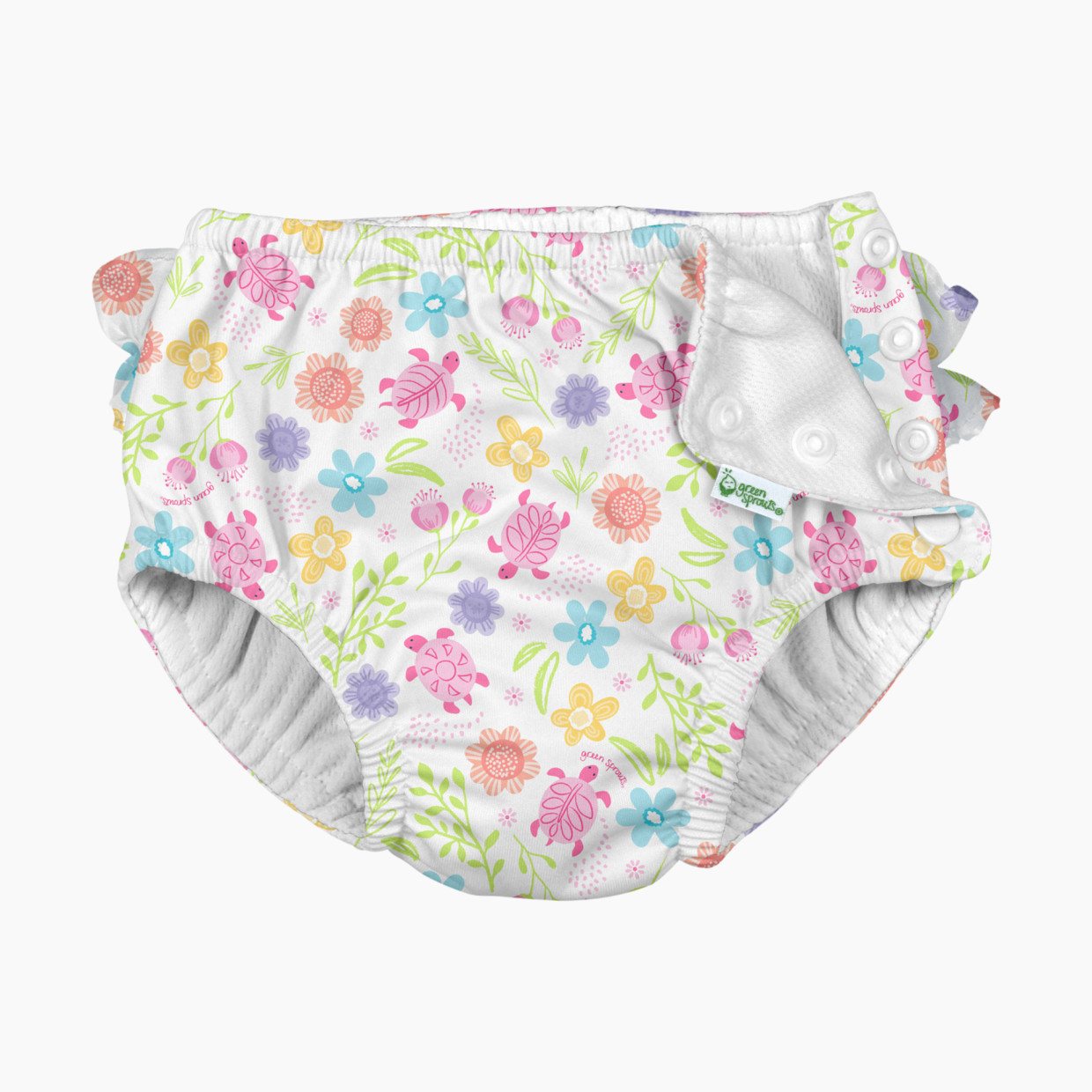 GREEN SPROUTS Eco Snap Ruffled Swim Diaper - White Turtle Floral, 6 Months.