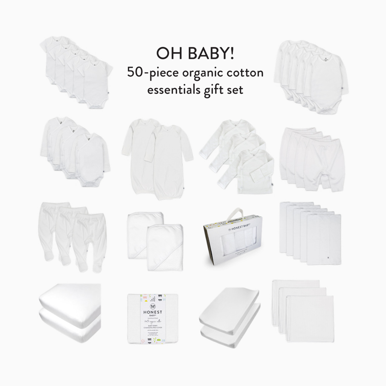 Honest Baby Clothing 50-Piece Organic Cotton Oh Baby Gift Set - Bright White, Newborn.