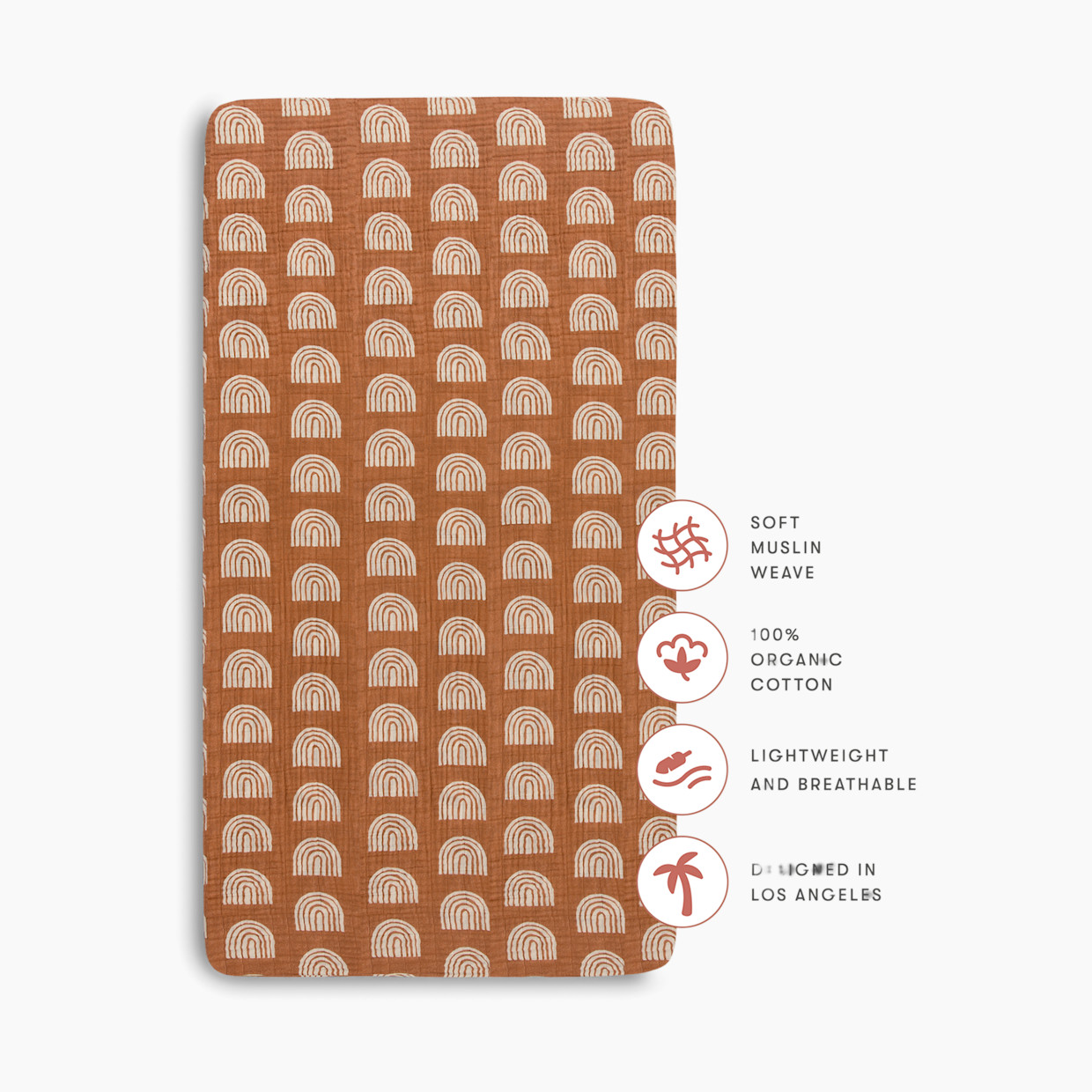 babyletto Crib Sheet in GOTS Certified Organic Muslin Cotton - Terracotta Rainbow.